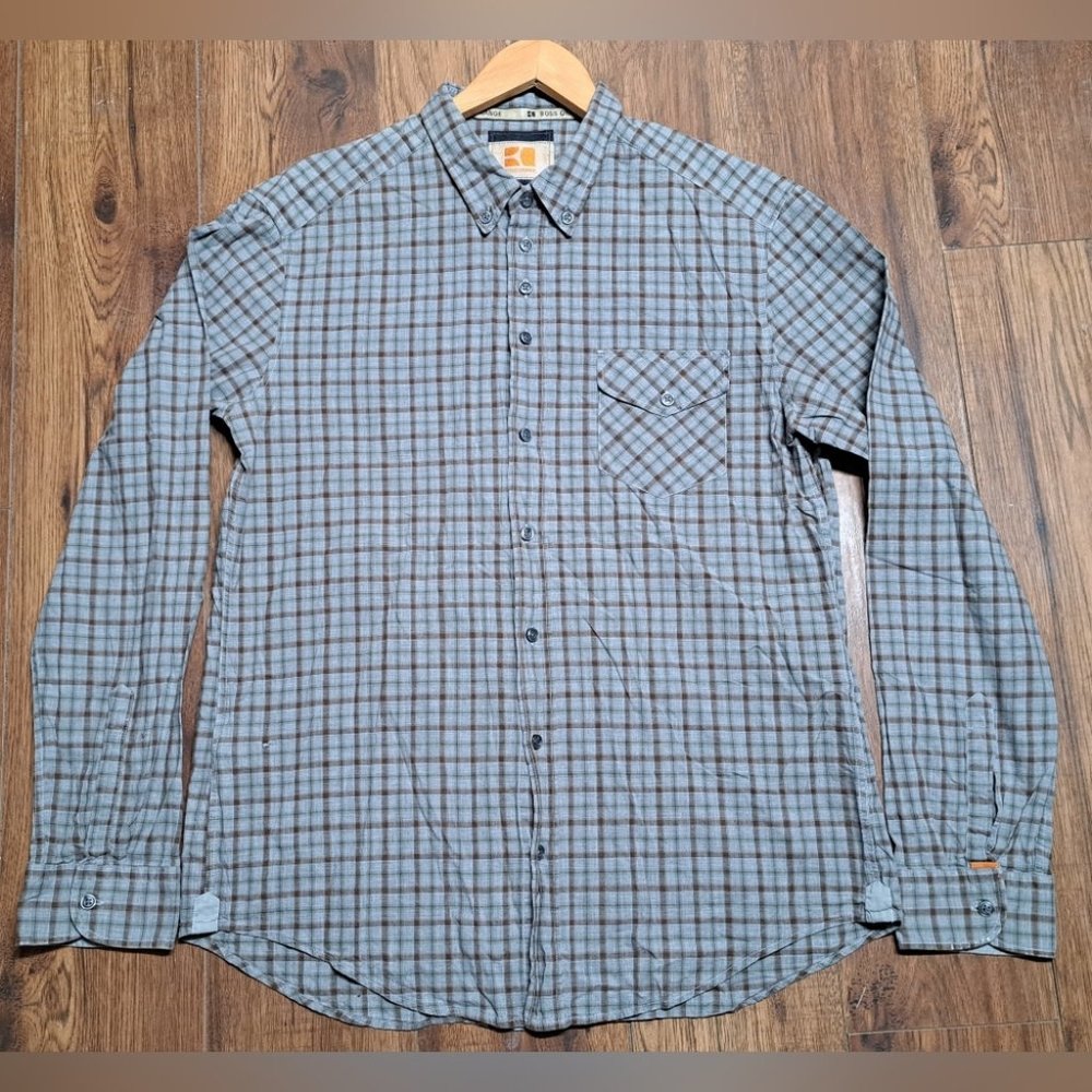 Hugo Boss Orange Label Men's Button Down Shirt Gray Brown Check Size XL